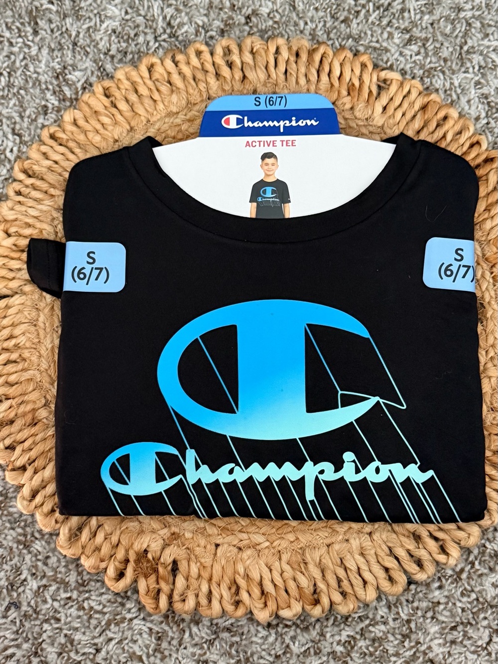 Champion Black Tee with Blue Logo - Boys